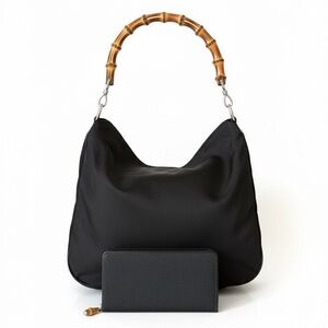 Gucci Bundle Bamboo Handle Nylon Hobo Bag w/ Gucci Matching Wallet